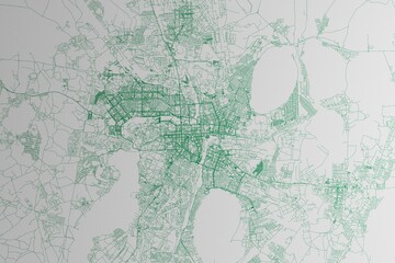 Map of the streets of Chelyabinsk (Russia) made with green lines on white paper. 3d render, illustration