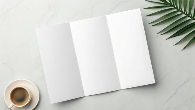 Blank tri-fold brochure on marble table with coffee cup and palm leaf, ready for design or branding presentations.