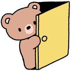 문 뒤에 숨어있는 곰돌이 캐릭터 일러스트 스티커  
