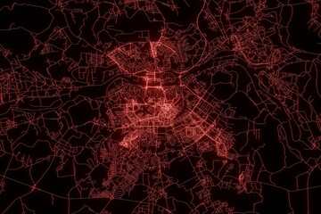 Street map of Smolensk (Russia) made with red illumination and glow effect. Top view on roads network. 3d render, illustration