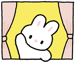 커튼 사이로 얼굴을 내민 토끼 캐릭터 일러스트 스티커   © titi.drawing