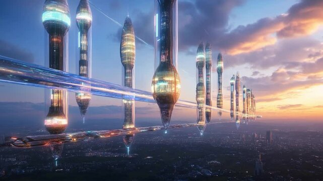 Futuristic Cityscape: Elevated Towers and Sky-High Transit