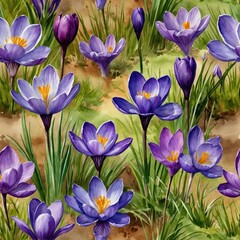 Blooming Crocus Flowers: Vibrant Purple and Violet Blossoms in a Scenic Outdoor Garden Illustration - Springtime Floral Artwork with Botanical Elegance