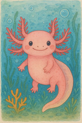 Adorable Pink Axolotl Illustration: Whimsical Character in Vibrant Underwater Scene with Pastel Colors and Smiling Amphibian