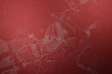 Map of the streets of Brasilia (Brazil) made with white lines on abstract red background lit by two lights. Top view. 3d render, illustration
