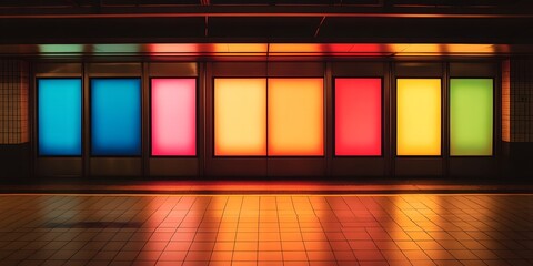 Illuminated colorful panels at a subway station platform with tiled floor and warm lighting