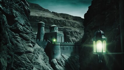 A mysterious, illuminated castle nestled between rocky cliffs under a moody, green-tinted night sky.