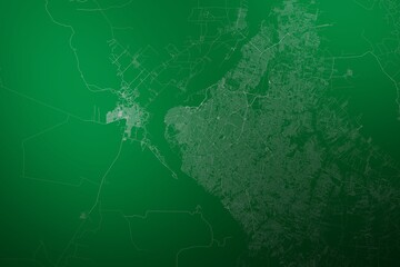 Map of the streets of Asuncion (Paraguay) made with white lines on abstract green background lit by two lights. Top view. 3d render, illustration