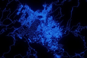 Street map of Arequipa (Peru) made with blue illumination and glow effect. Top view on roads network