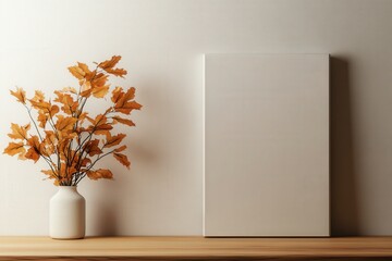 Vase with leaves and blank background on wood surface