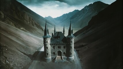 A dark, gothic castle with tall spires stands isolated among dramatic, misty mountains under a cloudy sky.