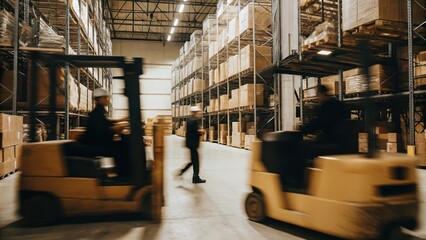 A busy warehouse with moving forklifts and workers organizing shelves filled with boxes and packages.