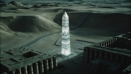 A luminous crystal obelisk stands amidst ancient ruins in a desert landscape under a dark sky.