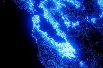 Street map of Bay Area (California, USA) made with blue illumination and glow effect. Top view on roads network
