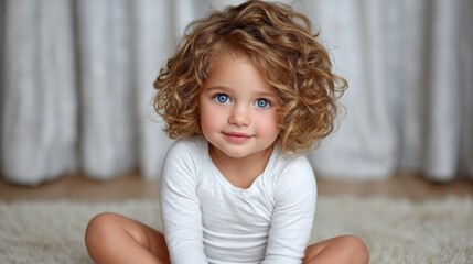 Fototapeta premium Adorable young girl with curly hair and bright blue eyes sitting on the floor indoors