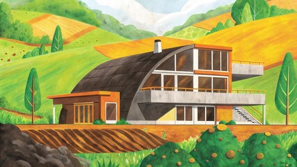 A modern house with large windows sits in a vibrant, hilly countryside surrounded by greenery and colorful farmland.