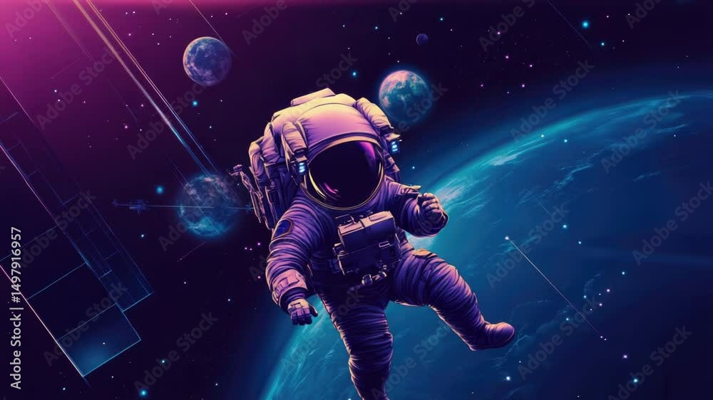 Poster astronaut floats in space near a satellite, great for sci-fi or technology concepts