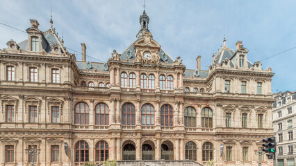 Hyperlapse of Palais de la Bourse or Palais du Commerce front view in the Les Cordeliers quarter, Lyon, France.