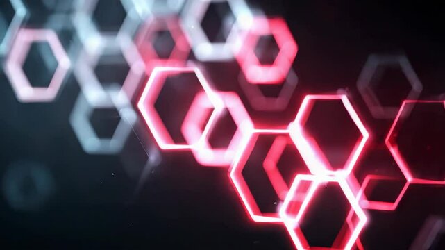 red neon light futuristic technology abstract background with glowing geometric shapes hexagonal on black background