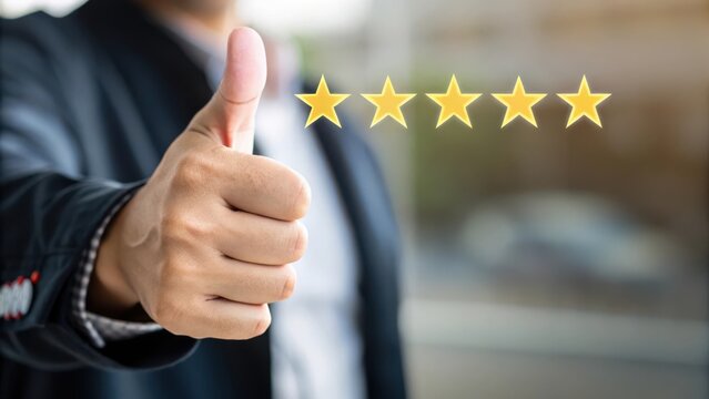 A person giving a thumbs up with five gold stars, symbolizing excellent service or a top rating.