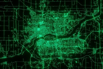 Map of the streets of Davenport (Iowa, USA) made with green illumination and glow effect. Top view on roads network. 3d render, illustration