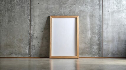 Minimalist wooden picture frame with blank white canvas leaning against a textured concrete wall on a polished floor.