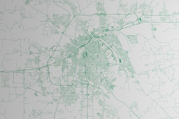 Map of the streets of Shreveport (Louisiana, USA) made with green lines on white paper. 3d render, illustration