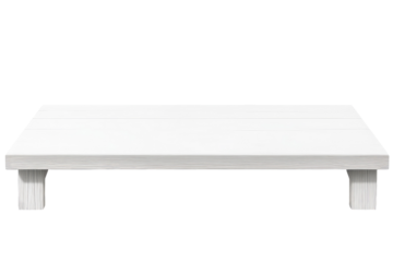 A low angle shot of a white wooden platform with two legs against a solid black background space above on transparent background