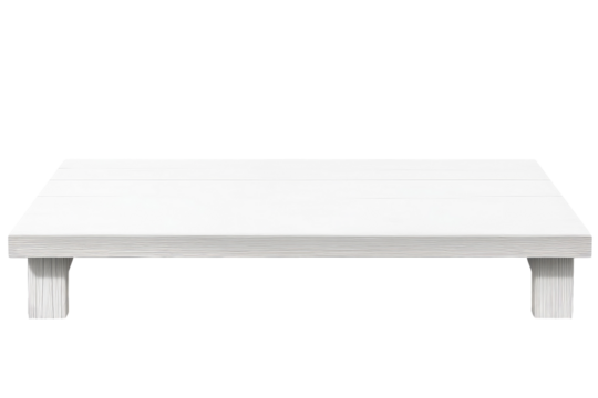 A low angle shot of a white wooden platform with two legs against a solid black background space above on transparent background