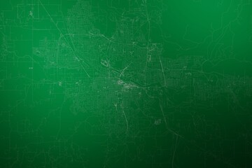 Map of the streets of Eugene (Oregon, USA) made with white lines on abstract green background lit by two lights. Top view. 3d render, illustration