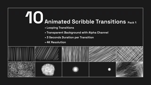 10 scribble transitions alpha channel transparent background looping animation video. Motion graphics pack.
