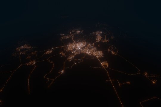Aerial view on Karaganda (Kazakhstan) from south. Top view on modern city at night from space