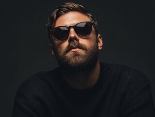 Obraz premium A man with a beard wearing sunglasses, looking cool, isolated on a dark grey background