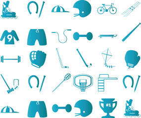 Collection of teal sports icons representing activities from roller skating to award winning trophies in a seamless pattern