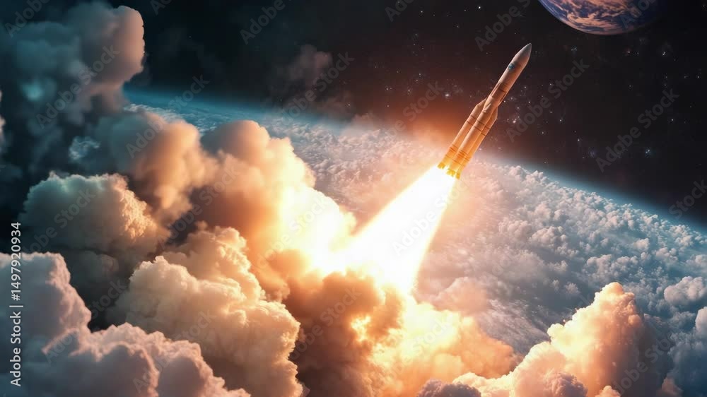 Fototapete a rocket propels through the atmosphere with a distant planet visible in the background