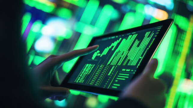 Hands holding a tablet with digital financial data on the screen.