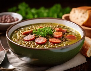 Grüne Linsensuppe mit Wursteinlage in Bowl