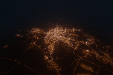 Aerial view on Ashgabat (Turkmenistan) from north. Top view on modern city at night from satellite