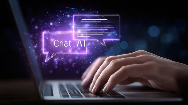 A person types on a laptop with glowing digital chat bubbles and "Chat AI" text, symbolizing artificial intelligence conversation technology.