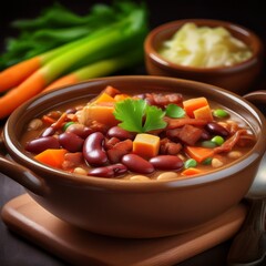 Bohneneintopf mit Speck, Möhren und Sellerie in einer Bowl