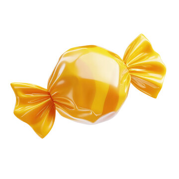 A single piece of wrapped butterscotch candy with a shiny wrapper on a plain black background space filler on transparent background