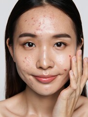 Close-up of young woman face with troubled skin and acne spots for retouching practice.