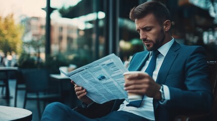 A stylish businessman reads a newspaper while holding coffee outdoors.