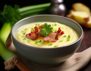 Kartoffelsuppe Bowl mit Speck, Lauch und Petersilie