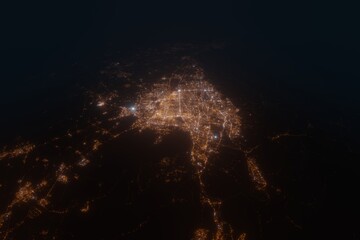 Aerial view on Tehran (Iran) from east. Top view on modern city at night from satellite