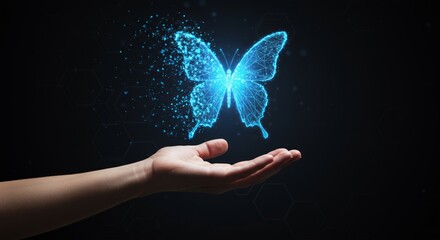 Glowing digital butterfly hovers above an outstretched hand, symbolizing innovation and transformation