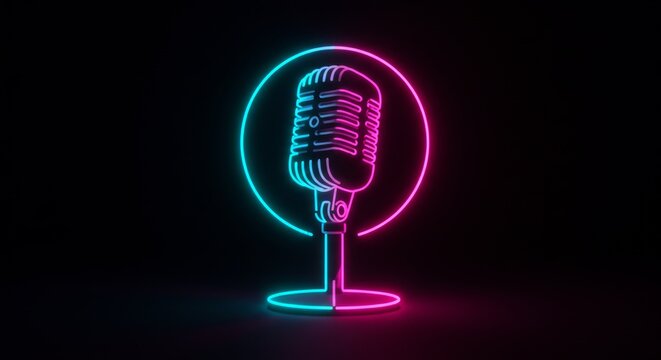 Glowing microphone with neon pink and cyan outline on black