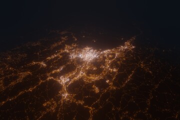 Aerial view on Hiroshima (Japan) from north. Satellite view on modern city at night
