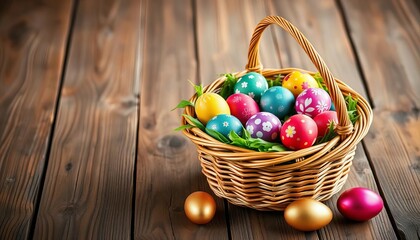 Rustic wooden table holds a wicker basket overflowing with vibrantly painted Easter eggs,  food,  wood