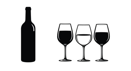 Set of wine bottle with wine glasses vector icons. Silhouette bottle and glass of wine vector. Alcohol glass icon